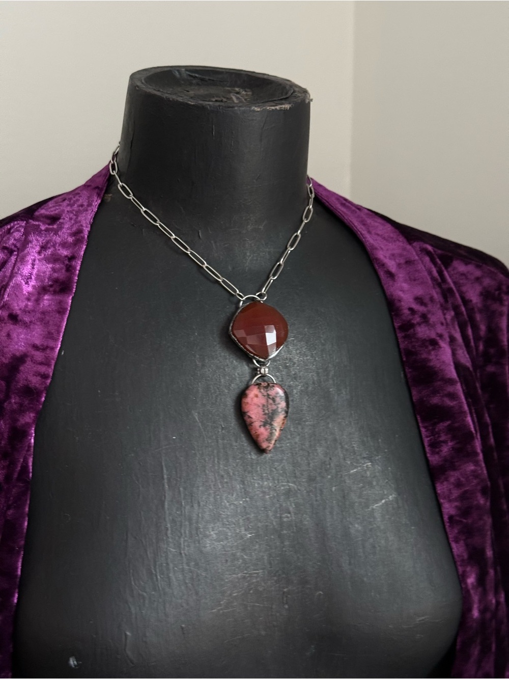 Carnelian and rhodonite crystal necklace pendant layering jewelry for love